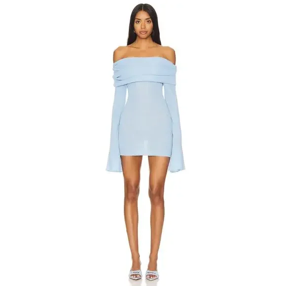 SEROYA Galli Mini Dress Ribbed Off The Shoulder Sexy Elegant Minimalist  Blue M